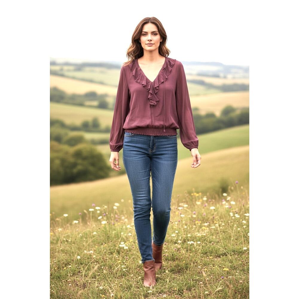 Nine Britton Blouse Womens Medium Pink Ruffle Romantic Stitch Fix Smocked Waist